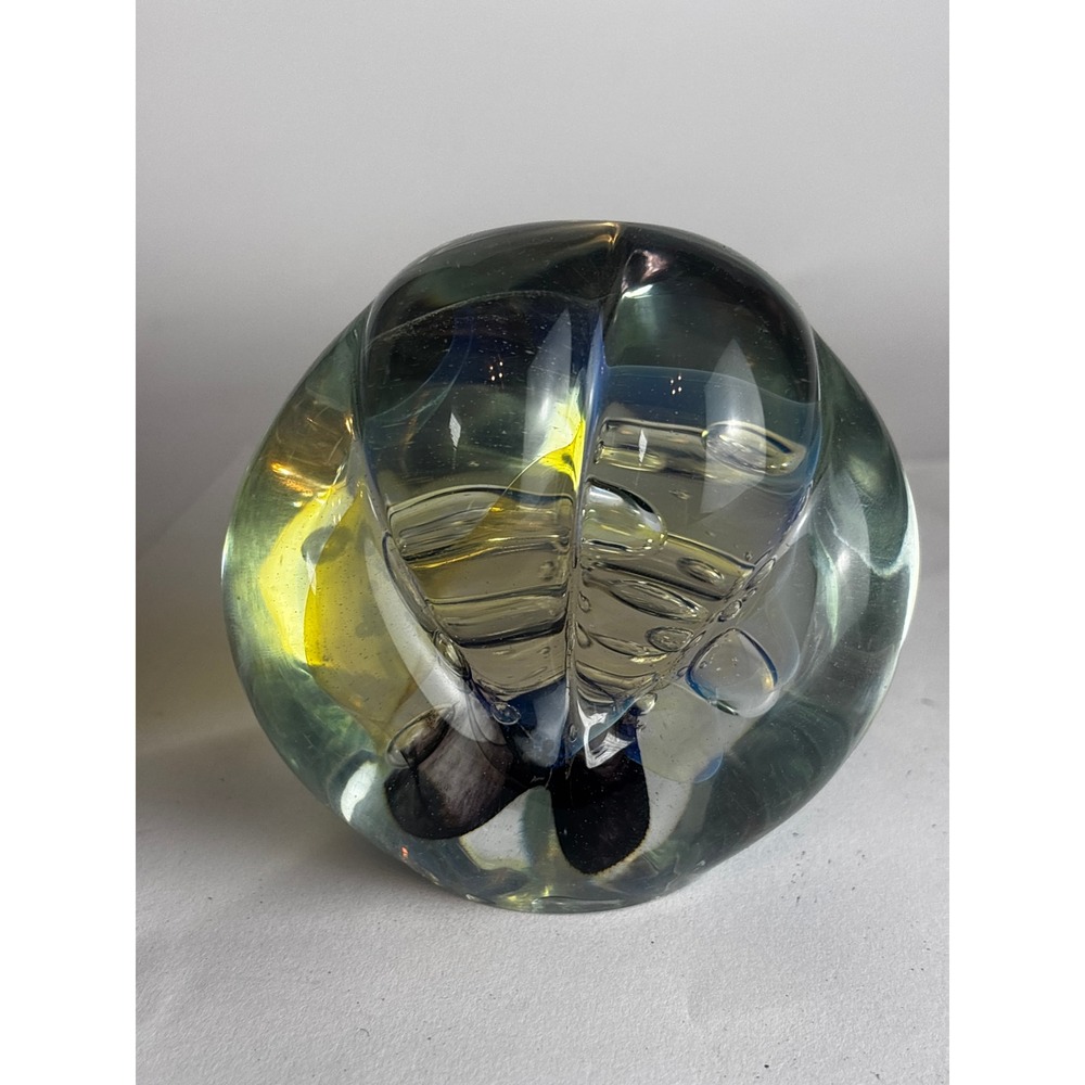 Eickholt 1997 Signed Studio Art Glass Paperweight Controlled Bubble Blue Yellow